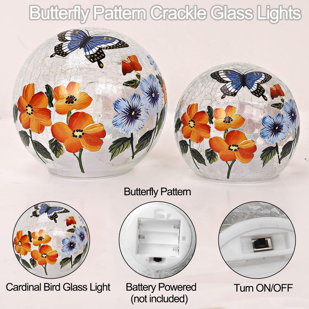 Crackle Glass Ball Light Butterfly Floral Pattern LED Night Light Indoor Tabletop Decorative Sphere Lamp for Home Decor Christmas Birthday Wedding Girls Women's Gift (2 Pack)