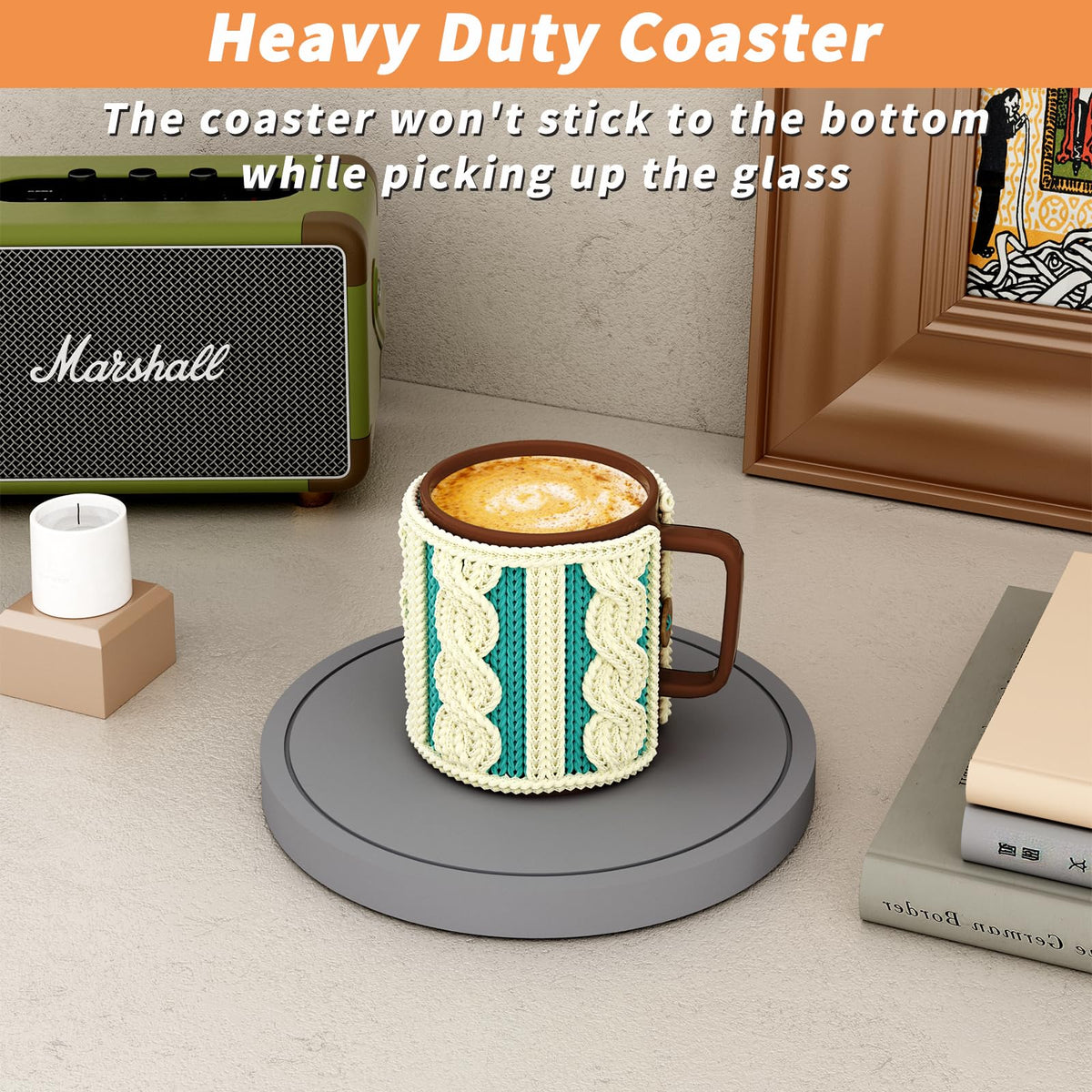 Azhou 6Pcs Super Absorbent Diatomaceous Earth Coasters Set with Holder - Quick-Dry 4 Inch Grey Coasters for Drinks, Heavy Duty Stone Coaster with Velvet Base, Scratch-Proof Home Decor for Coffee Bar