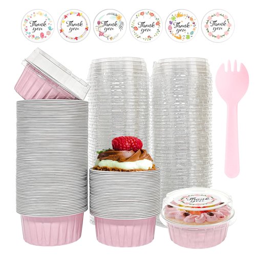 100 PCS Aluminium Foil Baking Cups, Mini Cake Pans with Lids and 100 PCS Spoons, 5 oz Disposable Baking Cups Foil Ramekins For Party Birthday Wedding Valentines (Pink)