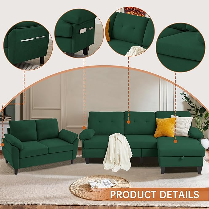 84" Convertible Sectional Sofa Set, 3 Seat L Shaped Couch