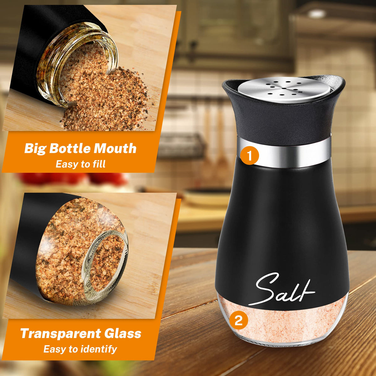 Black Salt and Pepper Shakers Set with Holder,4 oz kitchen accessories and decor for Restaurant, Wedding, Housewarming Gifts Refillable Design (Black)