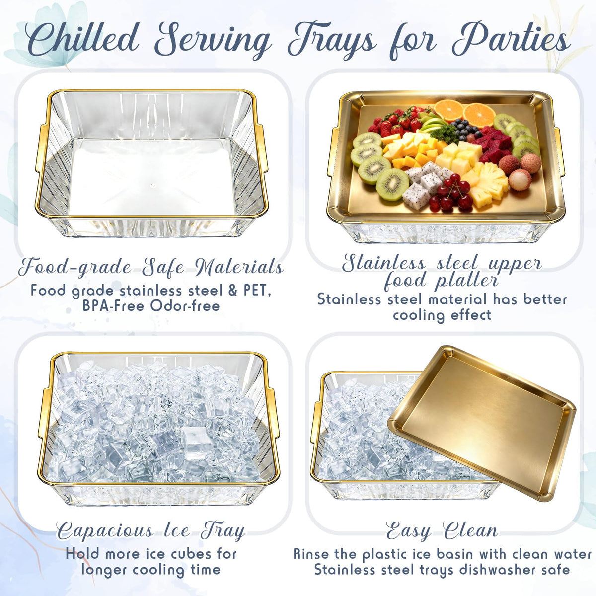 Baderke 2 Set Chilled Serving Tray for Christmas Parties Ice Chilled Party Platter Charcuterie Serving Board Cold Dish Dip with Forks Tongs for Fruit Seafood Vegetable Appetizer (11.81",Gold)
