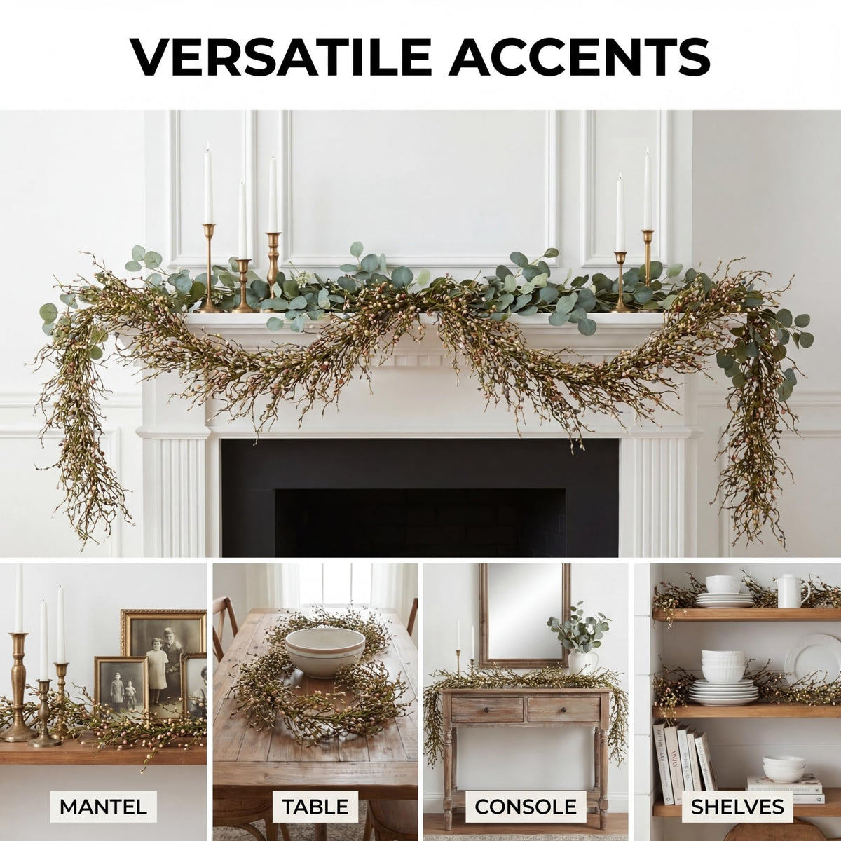 Quixem 60 Inch (5FT) Rustic Pastel Blue Peach & Yellow Pip Berry Garland for Fireplace Mantel & Table Runner, Flexible Wired Artificial Vine, Spring Farmhouse Decor, Precise Size