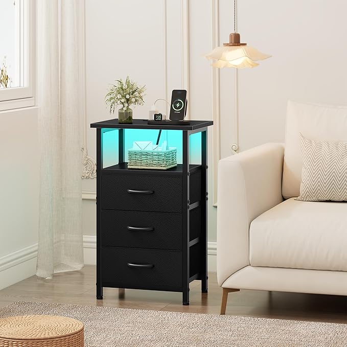 Vagusicc Night Stand with Charging Station, LED Nightstand