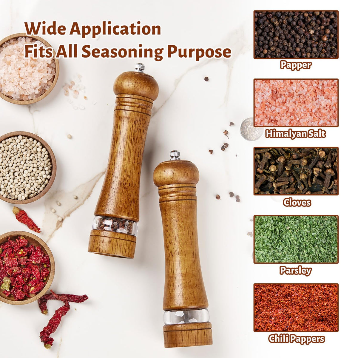 ROCKSHEAT Wooden Pepper Grinder Set of 2, 8 Inch Beech Wood Pepper Mills with Stainless Steel Core, Manual Pepper Grinder with Comfort Grip & Effortless Grinding for Kitchen Cooking