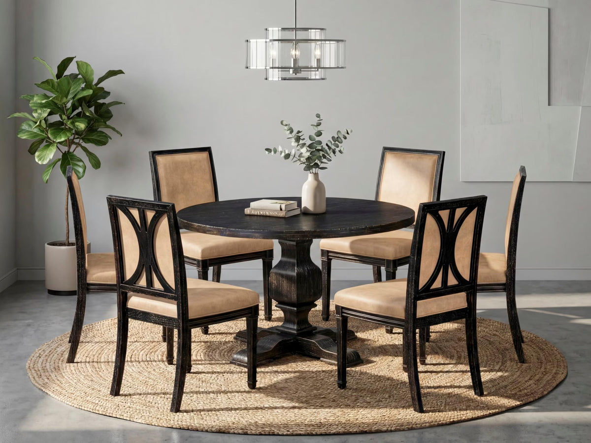Luxe by East West Furniture - I3AM7-411-28 7-Piece Dinner Table Set Contains a Round Wood Dining Table and 6 Beige Polyester Chairs with High Back, Sand Blasting Black Finish.