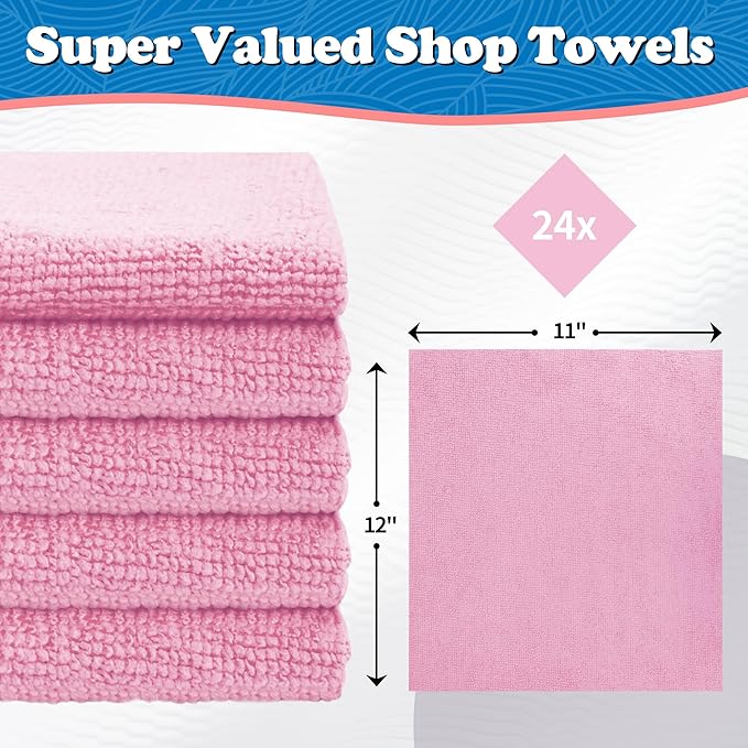 FIXSMITH Microfiber Cleaning Cloth, Shop Towels Bulk, 24 Pack Pink Microfiber