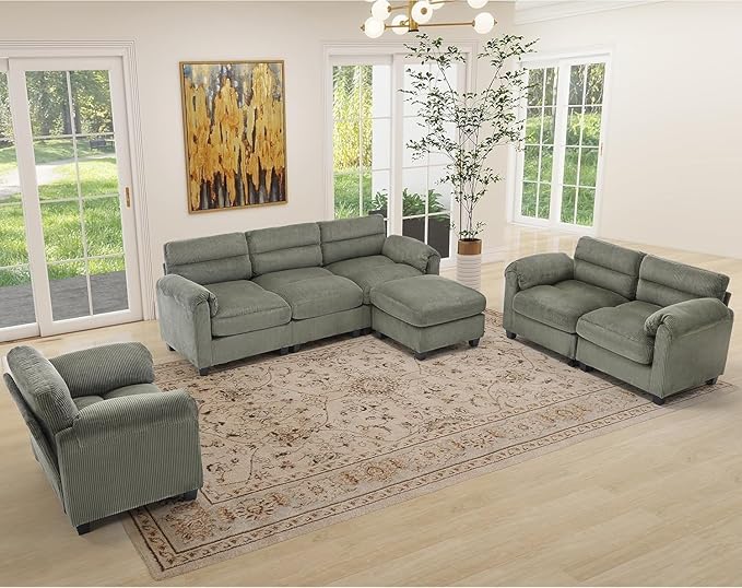 HAOMARKETS Corduroy 4-piece Sofa Set, Upholstered Ottoman, Loveseat 2-Seater