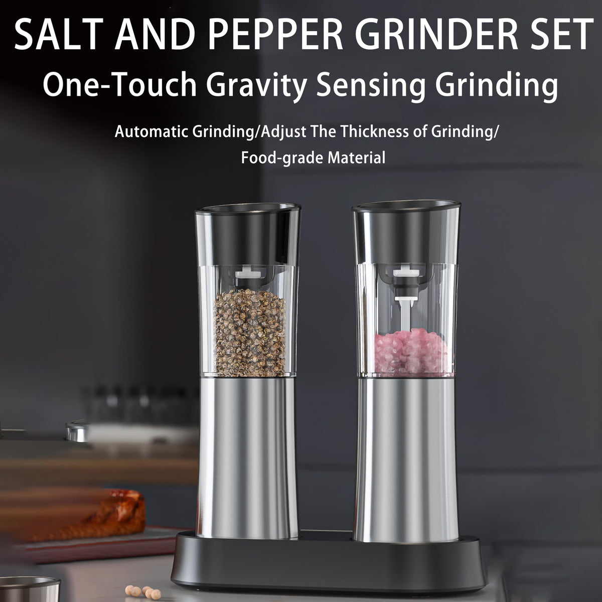 VITSOL Gravity Electric Salt and Pepper Grinder Set, No Battery Needed, One Handed Operation, Automatic Salt & Pepper Mill - Spice Grinder, LED Light (2 Pack) (Stainless Steel Silver)