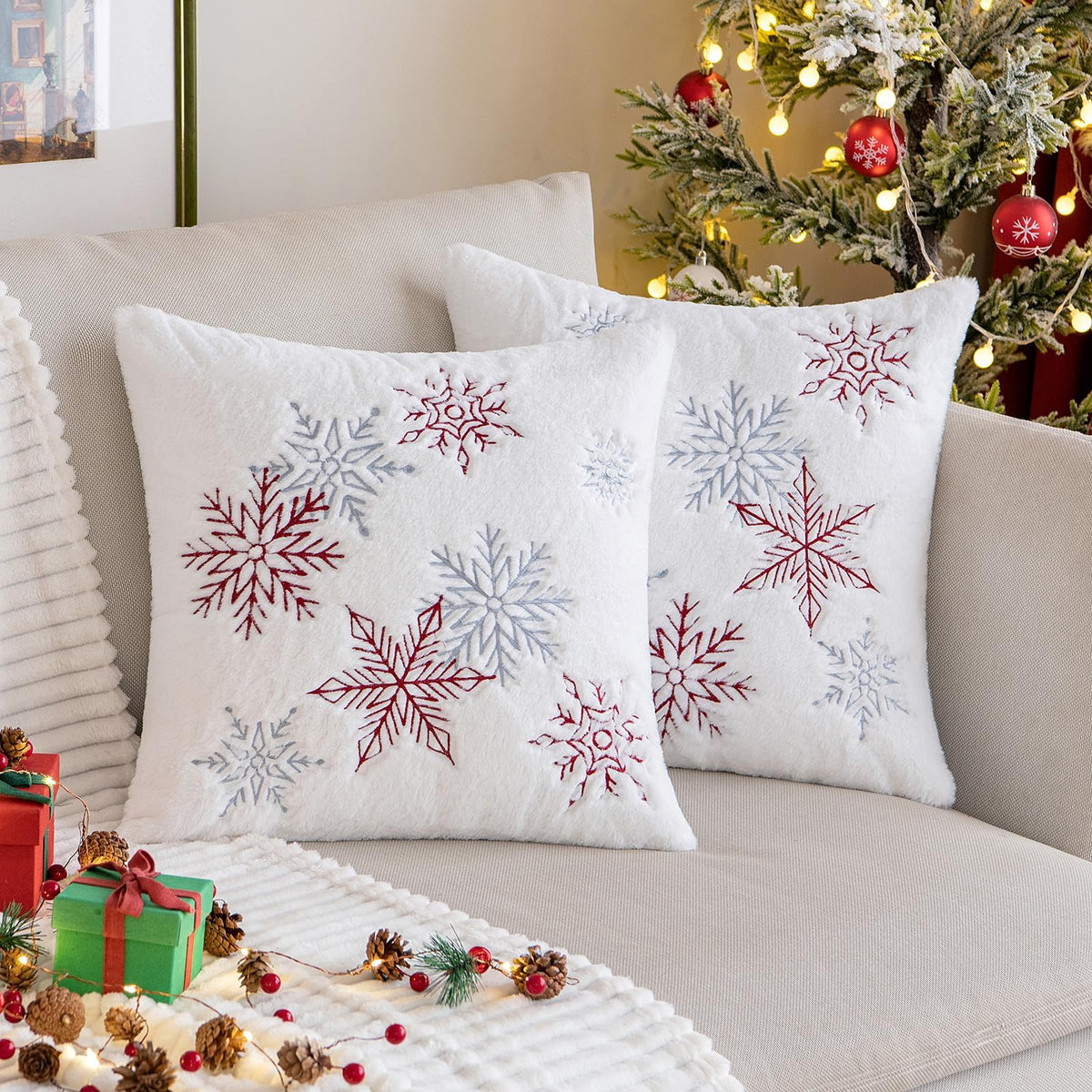 MIULEE Pack of 2 Christmas Decorative Throw Pillow Covers Soft Faux Fur Pillow Cases with Embroidery Snowflake Winter Cute Pillowcases Holiday Decor for Couch Sofa Bedroom, 16×16 Inch, Burgundy