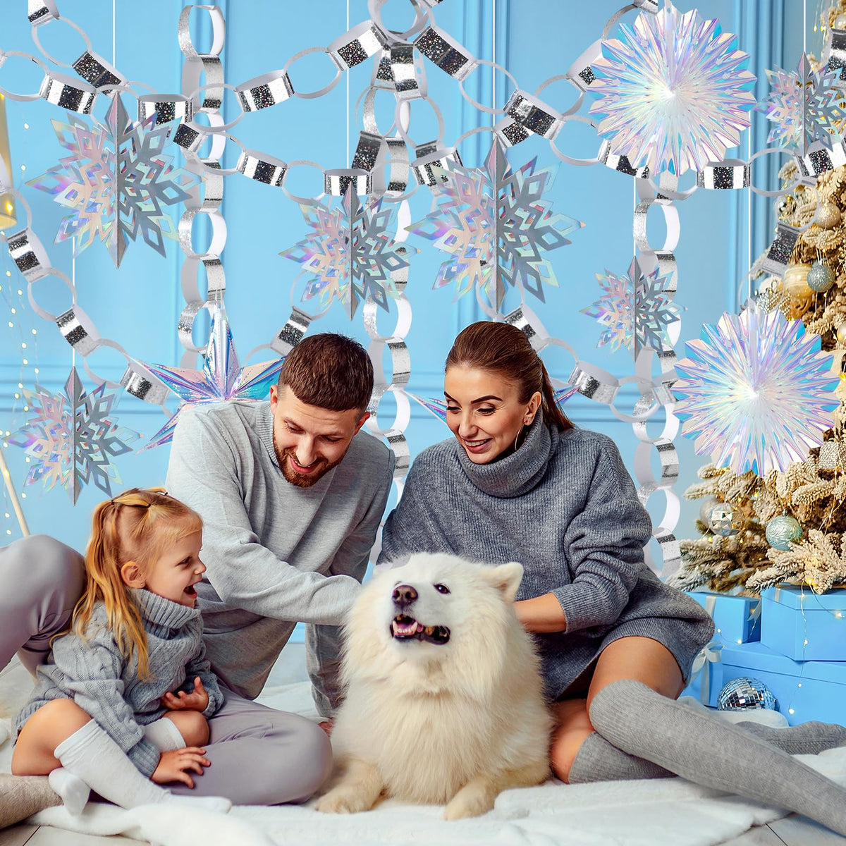 310Pcs Christmas Party Decorations Set Including 3D Iridescent Snowflakes Garland, Paper Chain Strips Craft, Hanging Paper Fans and Hexagonal Star Ornaments for Winter Wonderland Xmas Holiday Decor