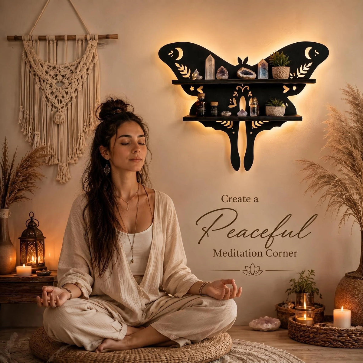 HBSGS Crystal Display Shelf Wall Gothic Shelves with LED Light, Luna Moth Theme, for Trinket, Crystal Rock, Gem, Healing Stone, Essential Oil (Moth-15.7 * 11.8inch/40 * 27.5cm)