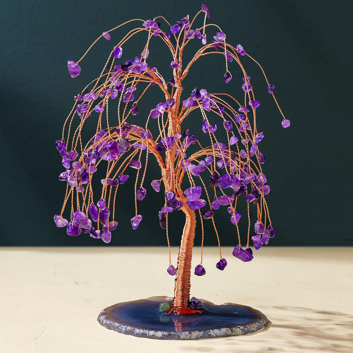 Runyangshi Natural Amethyst Crystal Tree of Life Handmade with Copper Wire - 7-8" Healing Crystals Gemstone Willow Tree Geode Agate Slices Base for Home Decor, Feng Shui Gifts, Office Desk Ornament