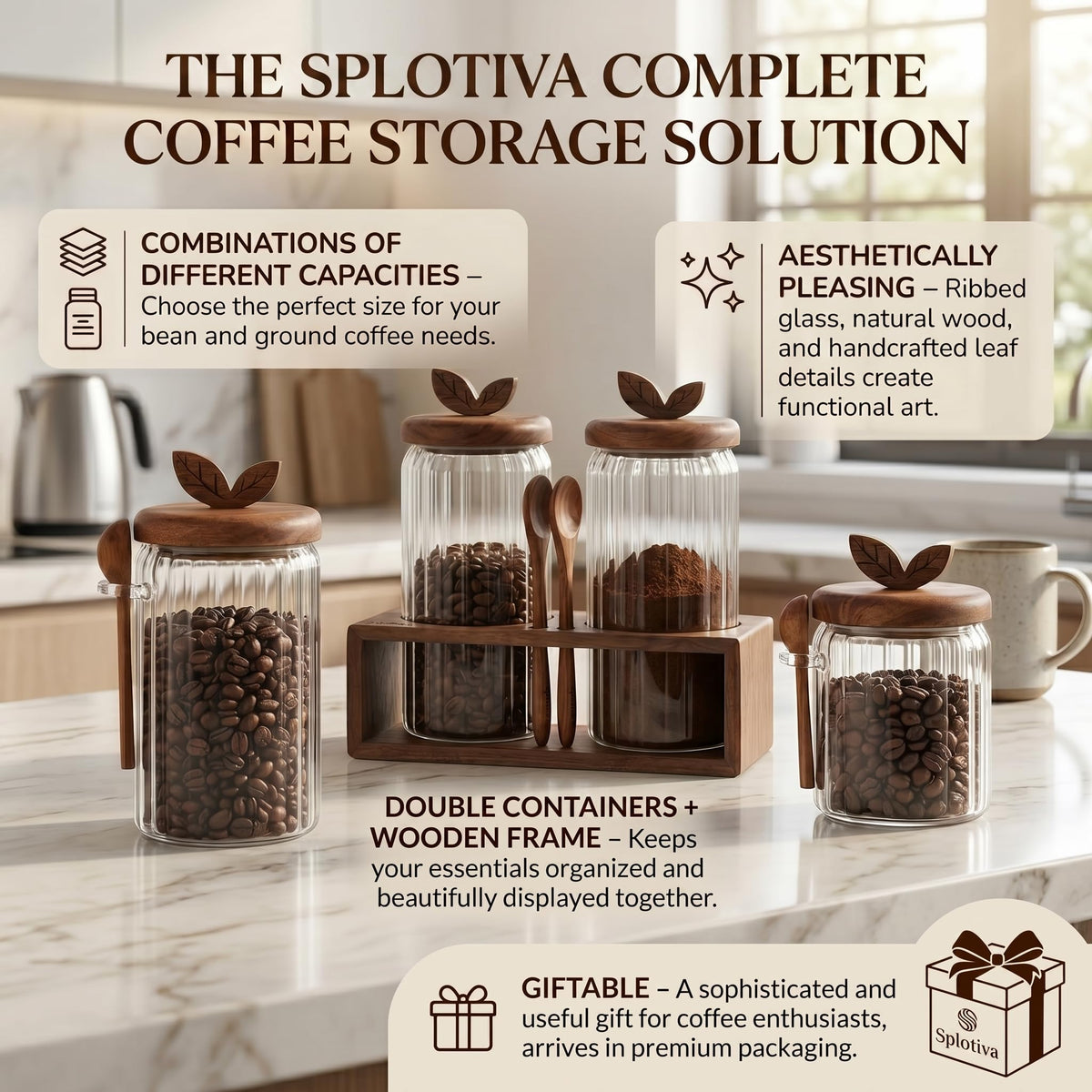 Splotiva Glass Coffee Canister with Wooden Lid & Spoon, Airtight Food Storage Jar for Coffee, Sugar, Salt, Tea & Snacks (17floz x 2)