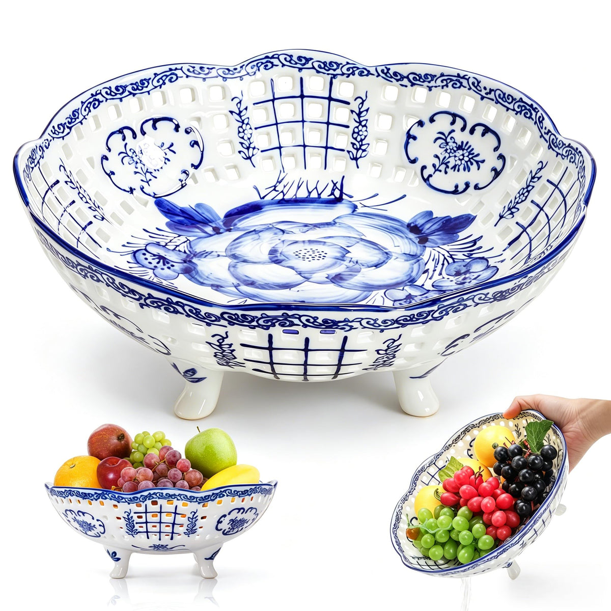 YIMITEE 10 Inch Ceramic Fruit Bowl, Blue and White Porcelain Pedestal Fruit Basket, Chinoiserie Decorative Vegetable Holder with Drainage Hole for Kitchen Counter Veggies, Candy, Cookie, Cake