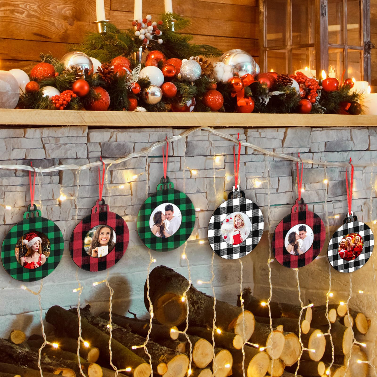 Jetec 12 Pcs Christmas Photo Ornaments Picture Frame Ornaments for Christmas Tree Wooden Ball Plaid Hanging Decorations for Xmas Party Home Decor(Red and Black, Black and White, Green)