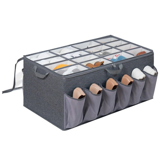 STORAGEIDEAS Shoe Organizer for Closet, Shoe Storage Solution with Clear Cover & Adjustable Dividers, Fabric Shoe Box Fits 16 +12 Pairs Shoes, Grey, 1-Pack