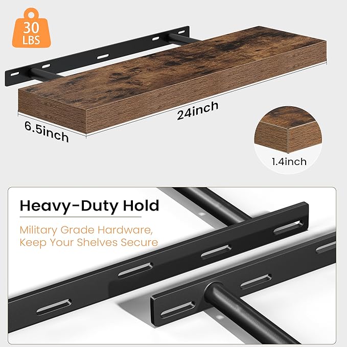 Fun Memories Floating Shelves for Wall, 24 Inch Set of 2 Rustic Wood Wall