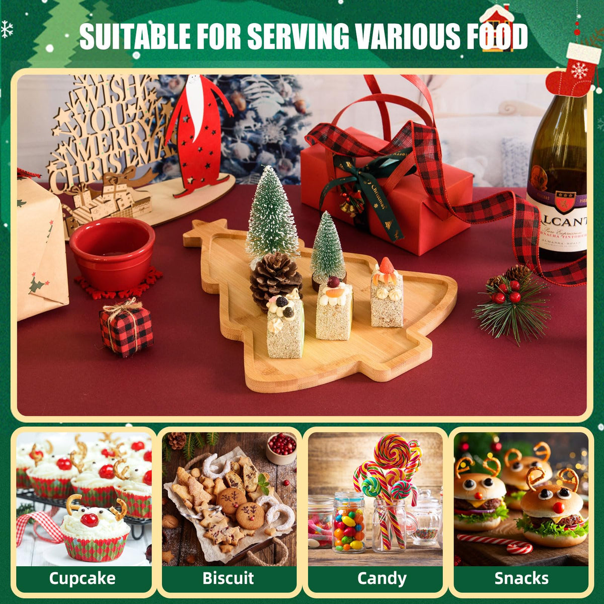 AWIZOM Christmas Tree Wooden Serving Tray Bamboo Platter Wooden Snack Cheese Charcuterie Board for Xmas Holiday Housewarming Present, 14.96x11.14x0.59