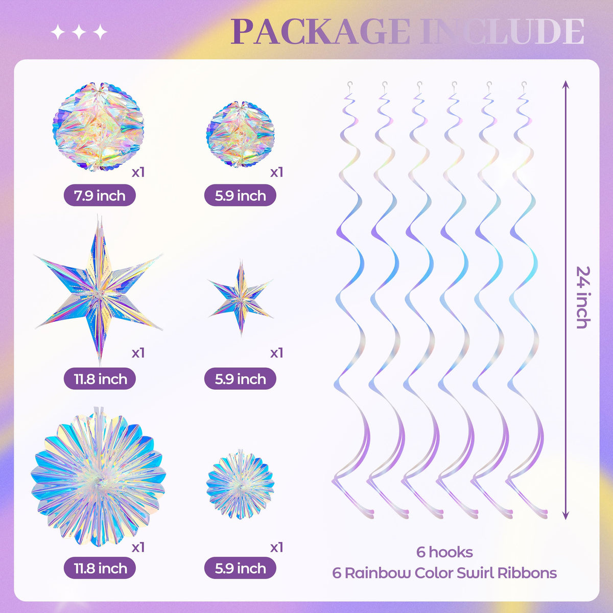 BTSD-home Iridescent Party Decorations with Hanging Honeycomb Ball Decorative Paper Fan Snowflake Garlands Ribbons Disco Party Wedding Birthday Graduation Christmas Celebration Decor Supplies