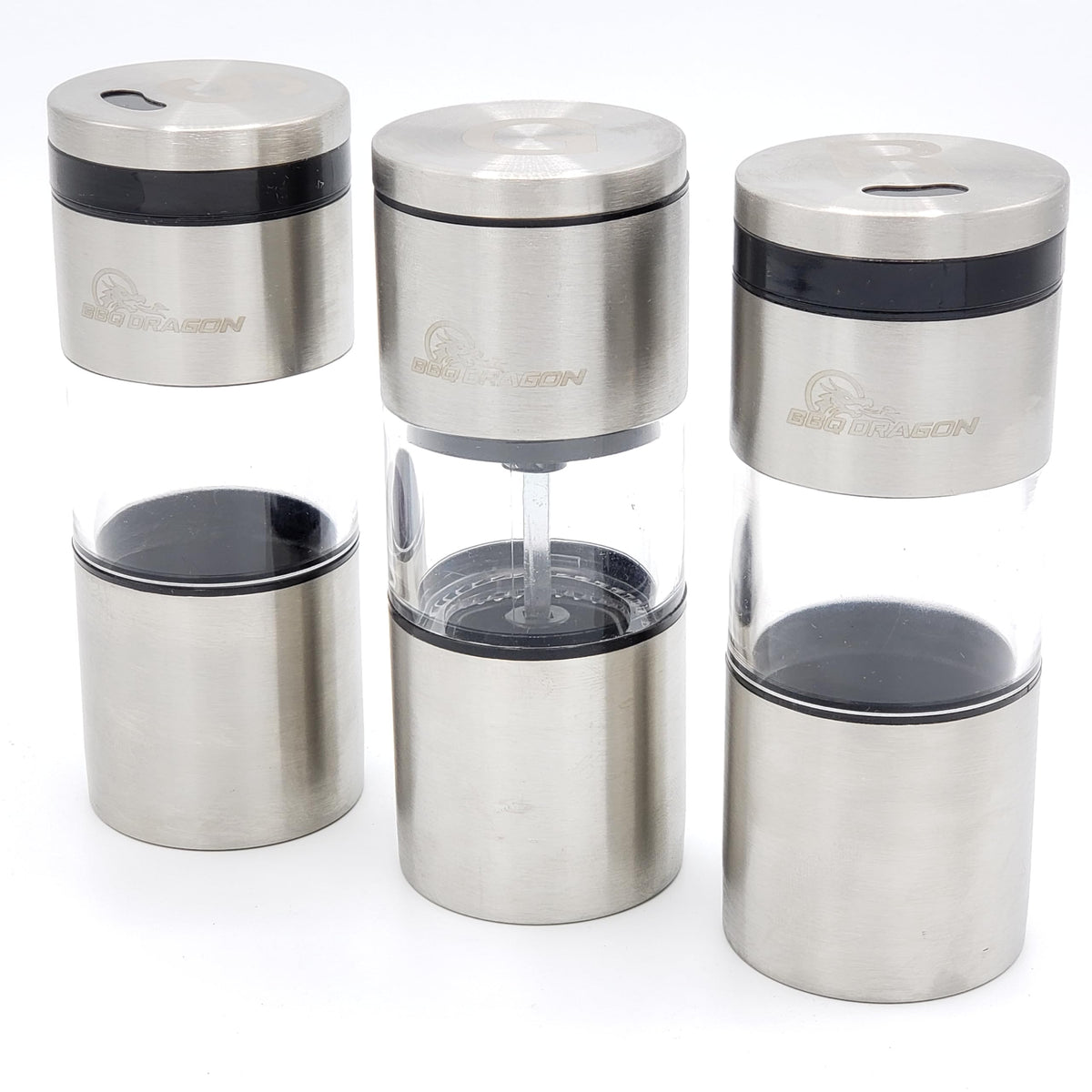 BBQ Dragon 3 Piece Salt and Pepper Shakers Set – Magnetic Stainless Steel Dispensers with Refillable Grinder – Adjustable Lids for Kitchen, Grill and Outdoor Cooking