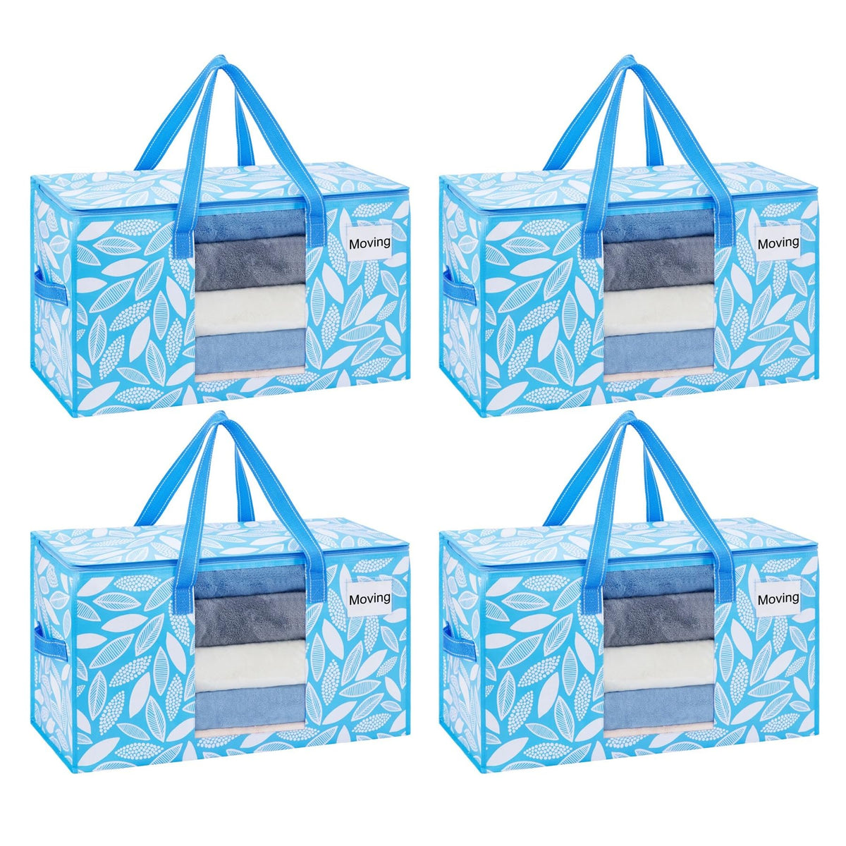 VENO 4 Pack Heavy Duty Moving Bags, Clothes and Comforter Storage Bags with Clear Window, College Dorm Essentials Packing Supplies, Foldable Boxes Alternative (Spring Breeze, 4 Pack)