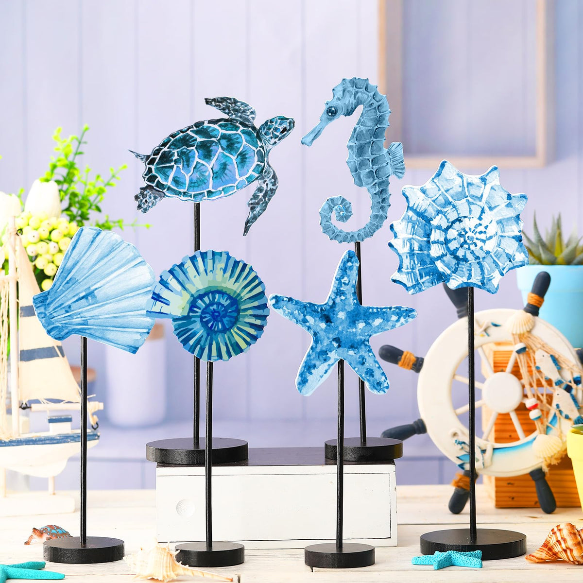 Wenqik 6 Pcs Summer Ocean Wood Table Sign Standing Wooden Starfish Sea Turtle Seashell Shell Tabletop Home Decor Rustic Wooden Tabletop Centerpiece Standing Block Decorations for Farmhouse Kitchen