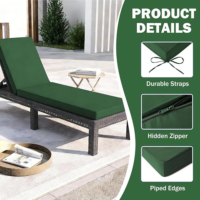2 Pcs Chaise Lounge Cushions Outdoor Set of 2, Outdoor Chaise Cushion