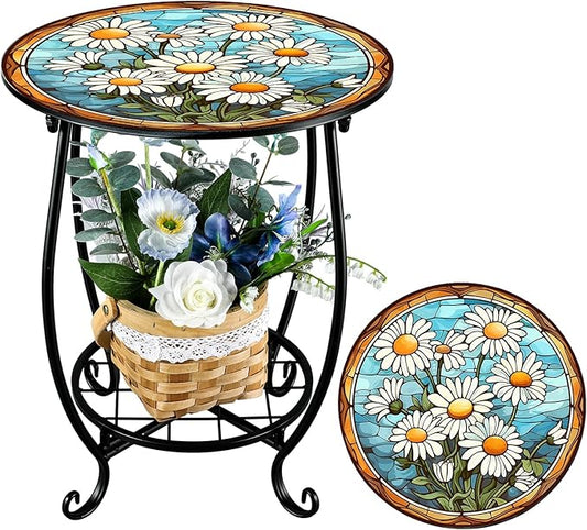 Cinnvoice Outdoor Side Table Round Small Mosaic Patio Accent Indoor End Plant
