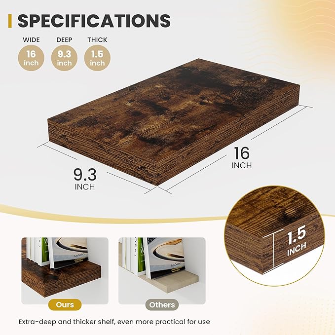 Acovy 16 Inch Floating Shelves, 9.3" Deep Floating Shelf Wall Mounted, Rustic