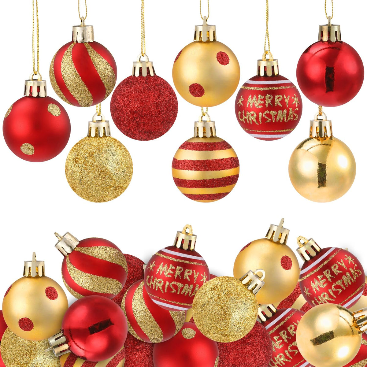 Celltestria 36pcs Mini Christmas Balls Ornament 1.57 Inch Red Gold Little Hanging Xmas Balls for Tree Decoration Swirl Candy Cane Polka Dots Tiny Christmas Baubles for Home Indoor Holiday Party Decor