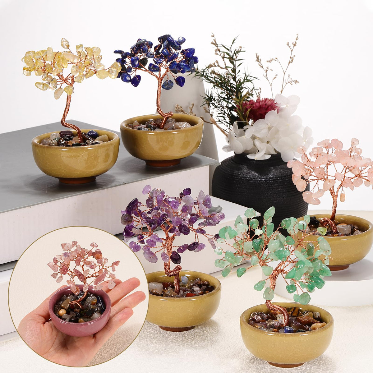 MECCANIXITY 7 Chakra Crystal Tree of Life, Natural Strawberry Crystal Gemstone Tree Handmade Feng Shui Bonsai with Agate Base for Positive Energy, Luck, Home Office Decor (4x2.4Inch Pink)