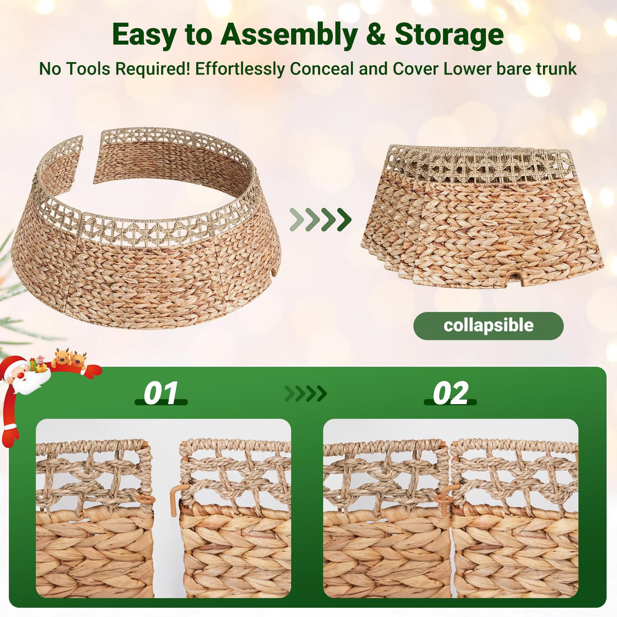 ELYKEN 33 Inch Woven Rattan Christmas Tree Collar, Stylish Seagrass & Water Hyacinth Xmas Tree Skirt for Artificial Trees, Wicker Tree Base Cover with Cord Cut-Out Farmhouse Tree Ring for Home Decor