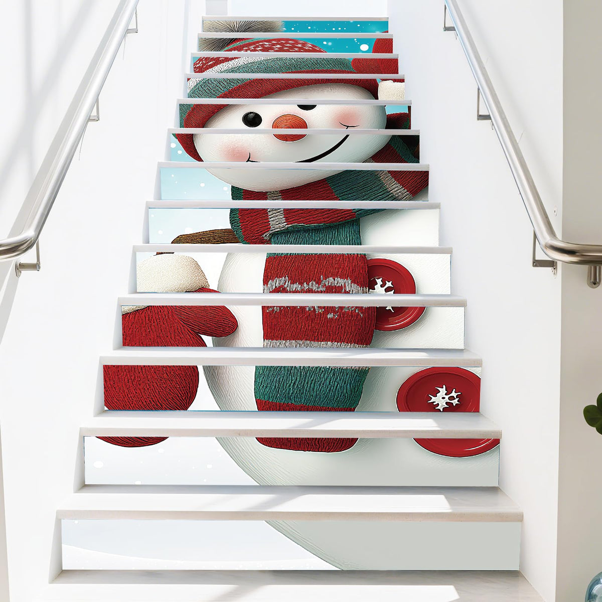 PLIGREAT 15 Strips Christmas Stair Decals, Cute Peel and Stick Stair Riser Stickers for Steps 7.1"x39"Self-Adhesive Vinyl Snowman Staircase Murals Decor for Home Hotel