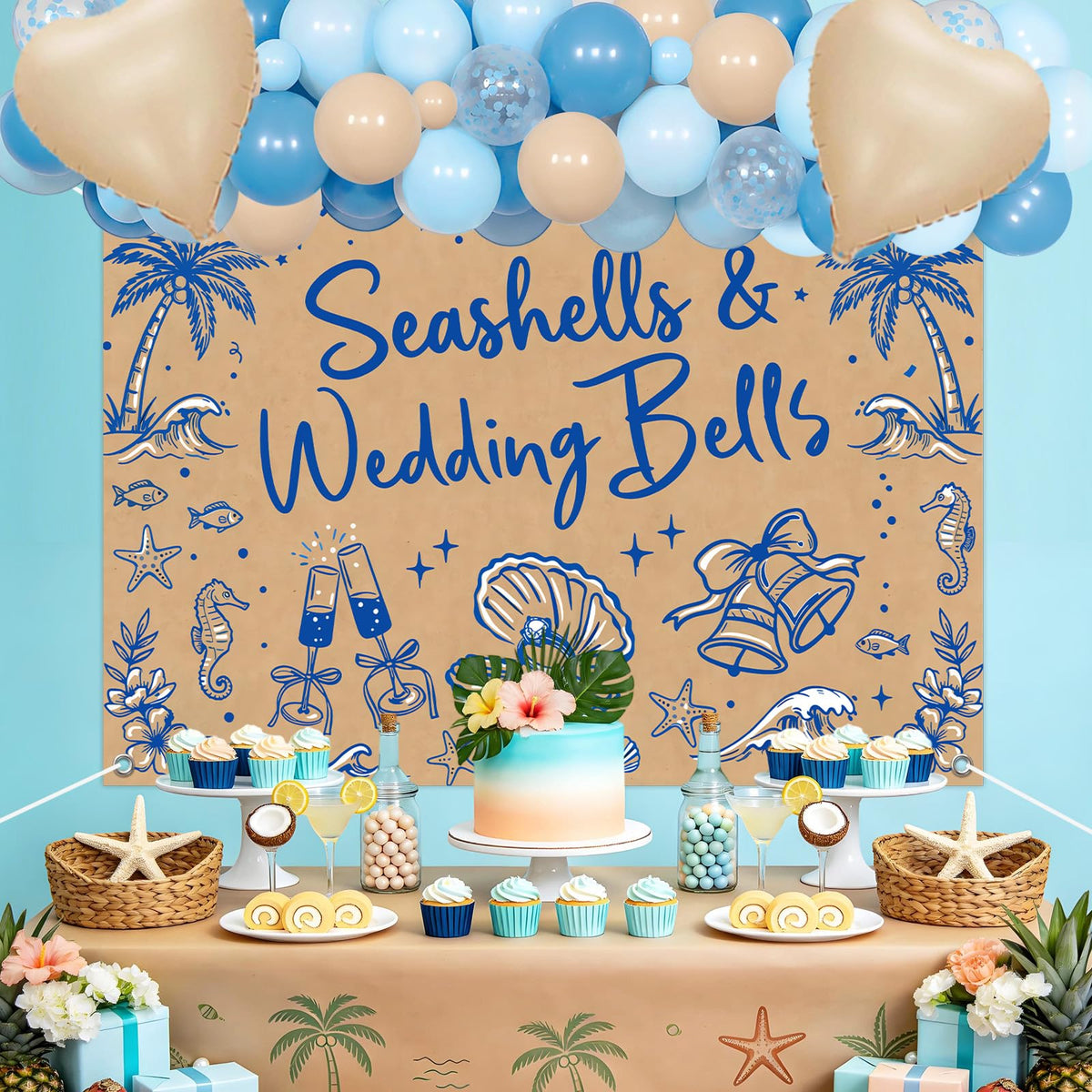 Fangleland Seashells and Wedding Bells Bachelorette Decorations, Coastal Beach Backdrop Balloon Arch Garland Kit Bride To Be Sash, Sea Shell Bridal Shower Engagement Party Supplies