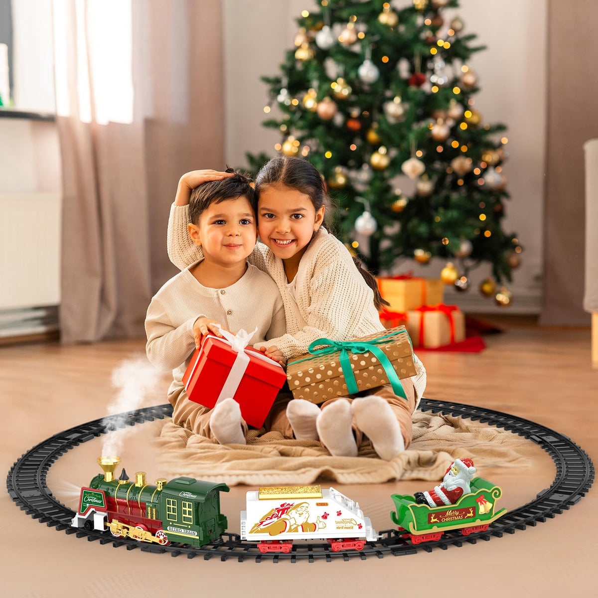 TERRAMUS Christmas Train Set - Hanging Train Toys with Smoke Light & Sound for Boys Girls,Train Set Around Under The Christmas Tree with Steam,Carriages Tracks for 3-12 Years Old Kids Decoration Gift