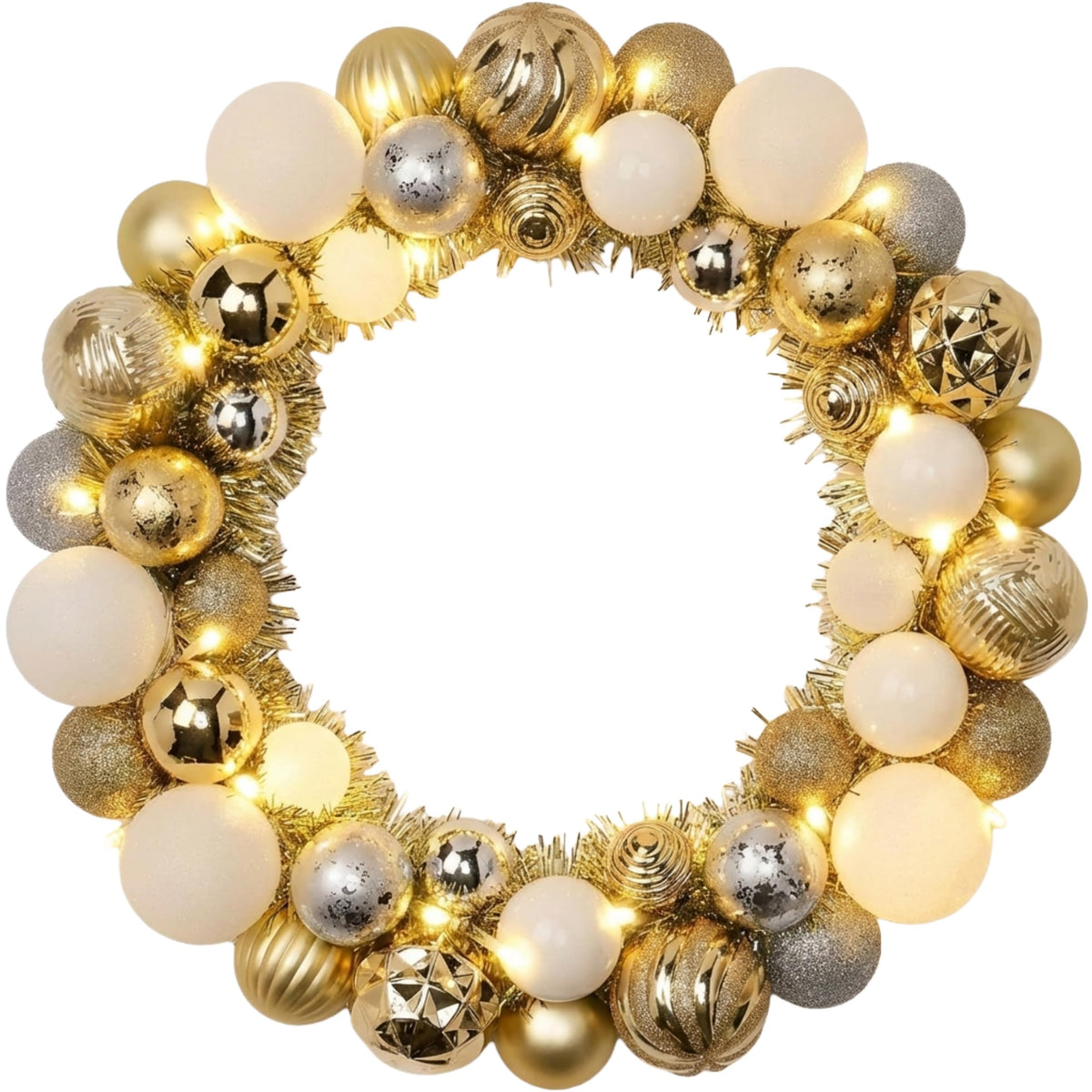 Valery Madelyn Pre-Lit Christmas Ball Wreath for Front Door with Lights, 13'' Lighted Battery Operates Christmas Door Wreath with White Gold Xmas Balls for Home Fireplace Window Table Indoor Decor