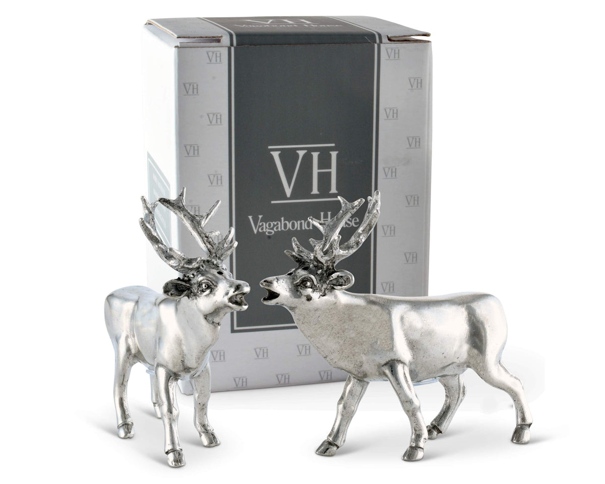 Vagabond House Pewter Deer/Elk Salt and Pepper Shakers Set Artisan Designer Handcrafted for Cabin Lodge Mountain Décor 4.5 inch Tall