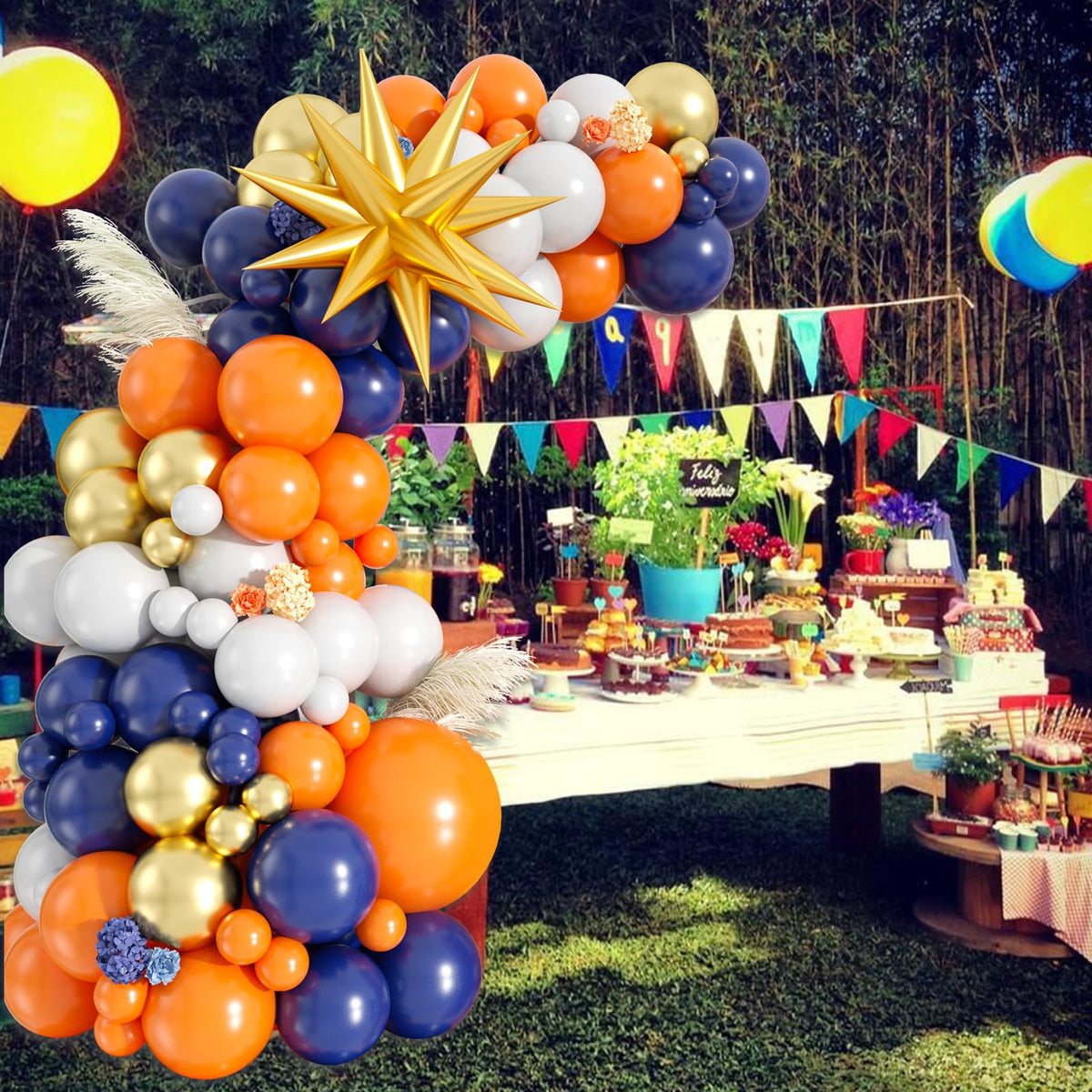 Blue and Orange Balloon Garland Arch Kit, 107 PCS Royal Dark Blue White Orange Latex Balloons Gold Star Foil for Birthday Thanksgiving Baby Shower Baseball Party