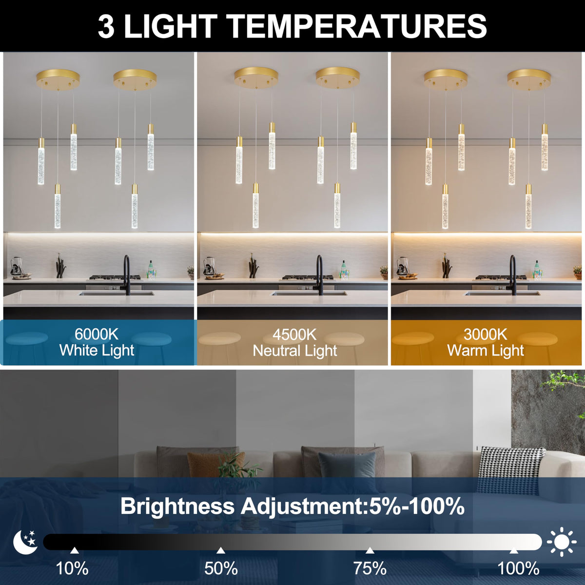 votag 3 Light Pendant Lights Kitchen Island,Modern LED Bubble Crystal Pendants with Dimmable 3000K-6000K Ceiling Hanging Light Fixture for Dining Room Bedroom,Gold Finish,Adjustable Height 59"
