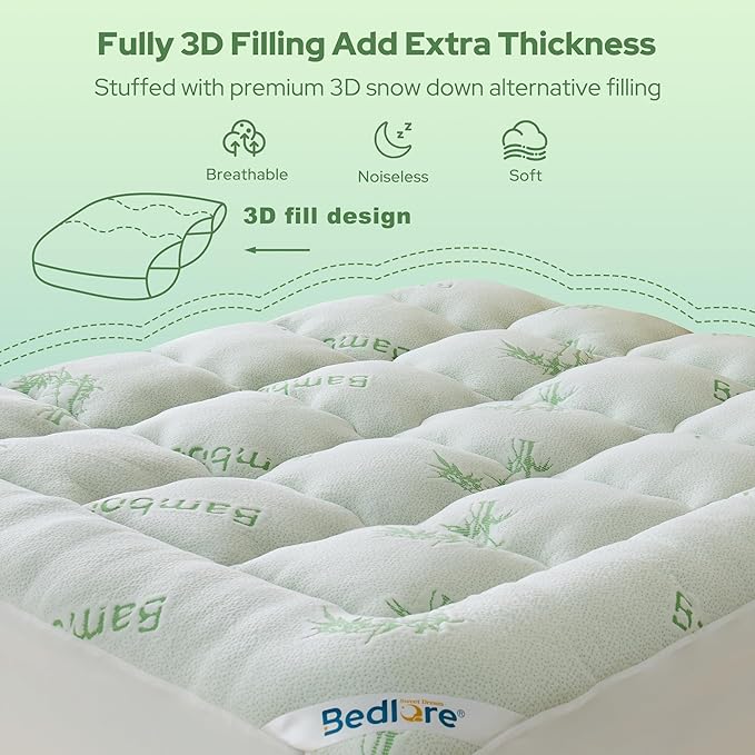 BEDLORE Queen Mattress Topper Viscose Derived from Bamboo, Thick Pillow Top