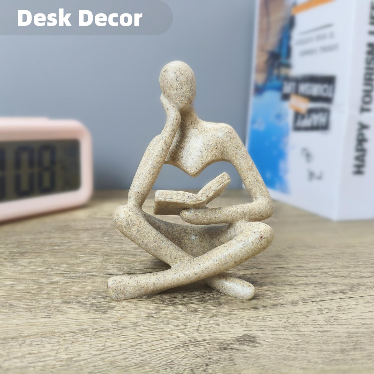 LWDUDE Reading Thinker Statue, Grey Abstract Sculpture for Bookshelf Knick Knacks, Minimalist Decor for Coffee Table, Office Desk, Living Room Shelf Decor - Modern Home Accents (Grey)