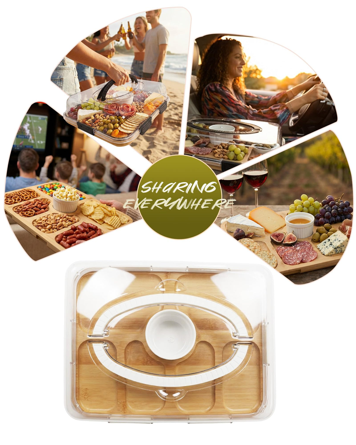 Charcuterie Board with Lid & Ice, Upgraded 6 Snap Laches, Sauce Cup Included, Large Portable Cheese Tray with Handle, Serving Tray for Picnic & Pool, House Warming Gifts New Home (White)