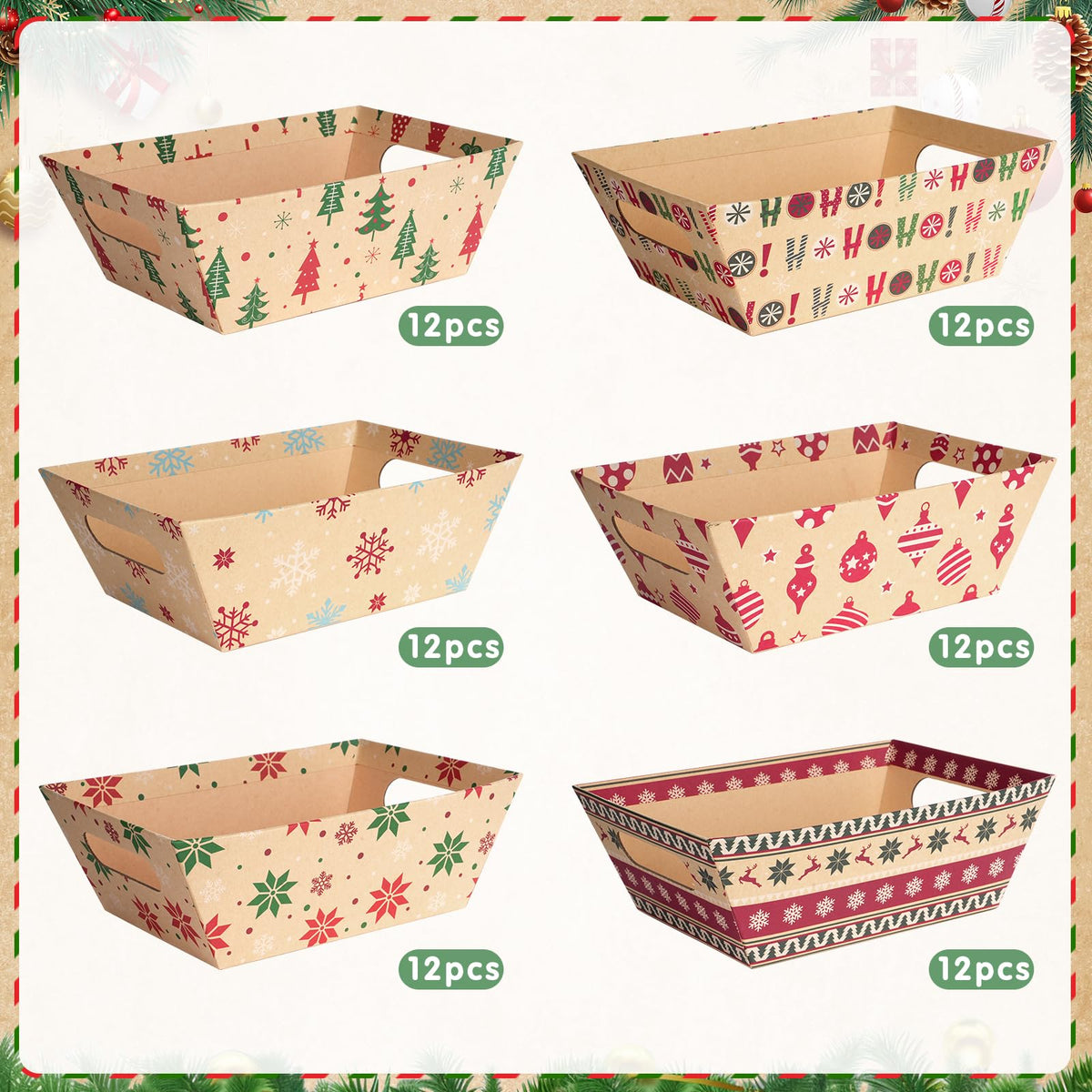 Pascliyna 12 Set Christmas Gift Baskets Empty 10x7 Inch, Kraft Paper Christmas Gifts Baskets with Cellophane Bags and Red Pull Bows, Reusable Gift Wrapping for Xmas Holiday Winter Party Supplies