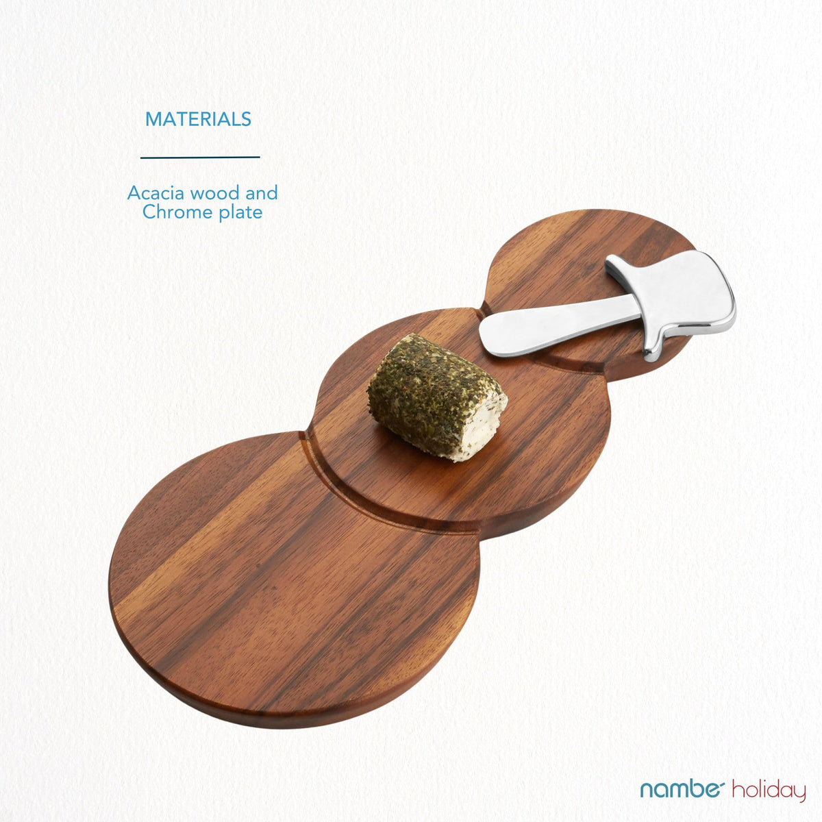 Nambé Snowman Cheese Board – Holiday Acacia Wood Charcuterie Tray with Chrome Plate Spreader, Seasonal Serveware & Giftable Entertaining Accent for Christmas Parties & Winter Gatherings