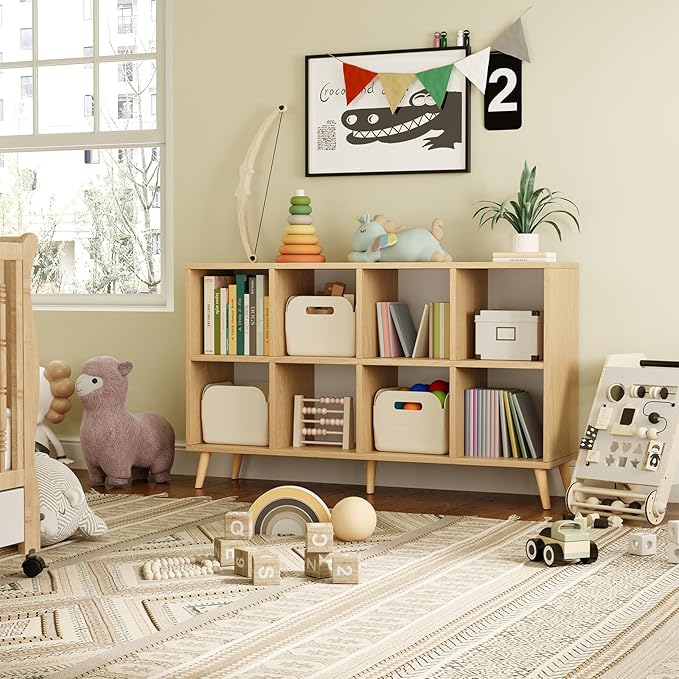8 Cube Storage Organizer, Mid-Century Modern Wooden Bookcase
