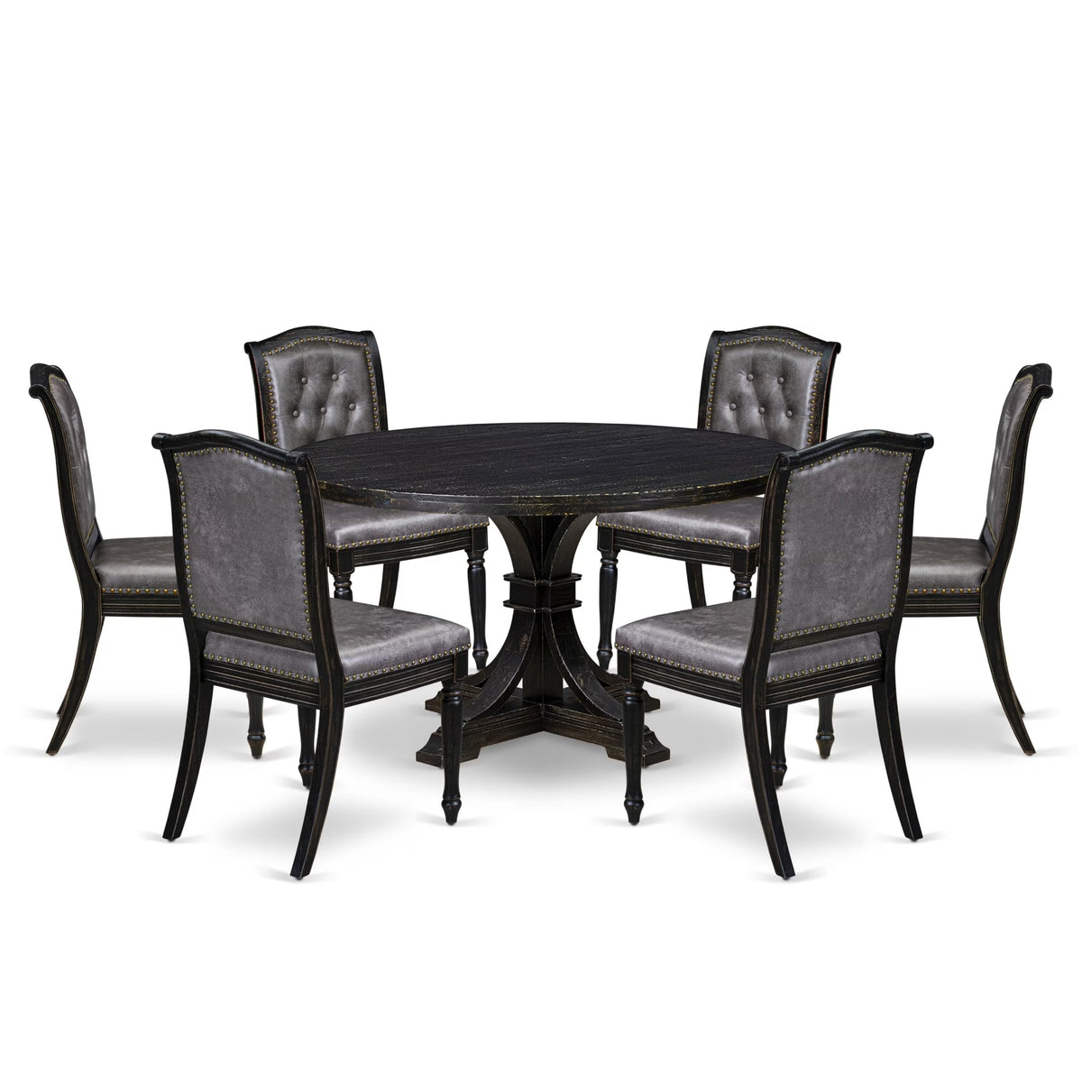 Luxe by East West Furniture I7MA7-511-34 7-Piece Kitchen Table Set with Polyester 6 Dark Gray Kitchen Chairs, Button Tufted Back, and A Round Dining Table in Sand Blasting Black Finish.