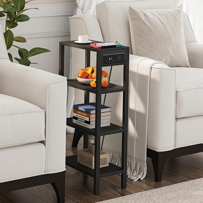 TUTOTAK Narrow Side Table with Charging Station, Small End Table with USB Ports
