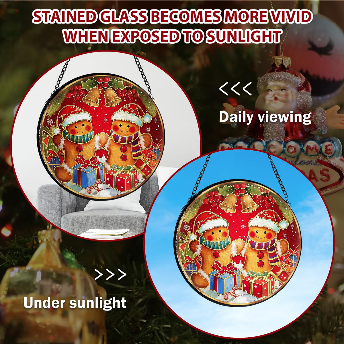 Christmas Decorations Stained Glass Window Hanging, Gingerbread Candy Cane Christmas Suncatcher for Window Hanging, Suncatchers Indoor Windows Wall Art for Mom Grandma, for Home Office 7.87 inches