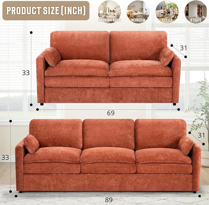 Classic Chenille Sofa Set with 2 Extra Armrest Pillows, Loveseat and 3-Seat